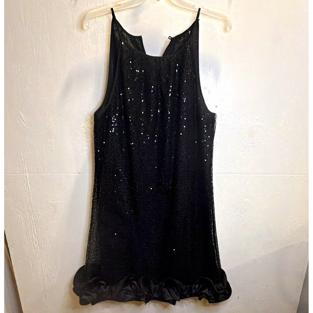 Jessica Howard Sz 16 Black Sequin Lace Sheath Dress Scoop Neck Knee Length